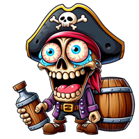 En farverig og humoristisk piratskalle iført en hat med dødningehoved, holder en flaske.