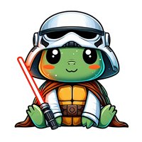 En sød skildpadde iført en stormtrooper-hjelm og kappe, med et lyssværd.