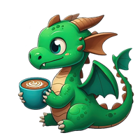 En charmerende grøn drage holder en kop kaffe med et latte art mønster.