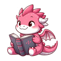 En sød, pink drage sidder og læser i en bog med et smil på ansigtet.