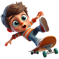 En ung dreng, der ser overrasket ud, mens han falder af sit skateboard.