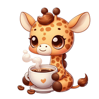 En sød, tegneserieagtig giraf, der nyder en kop dampende kaffe.