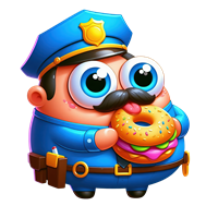 En tegneserieagtig politibetjent med store øjne, iført uniform og holder en donut.