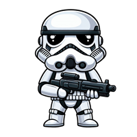En sød, tegneserieagtig stormtrooper iført en klassisk hvid rustning og holder et våben.