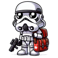 En tegneserieagtig stormtrooper med store øjne og en rygsæk, der holder en blaster.