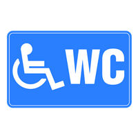 Et blåt skilt med symbol for handicapvenligt toilet og teksten WC.