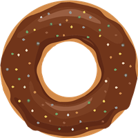 En rund donut dækket af chokoladeglasur og pyntet med farverige drys.