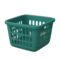 En firkantet grøn vasketøjskurv lavet af plast med perforeringer.