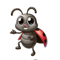 En farverig og venlig mariehøne med store øjne og et smil, der står i en legende positur.