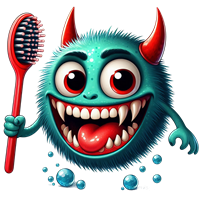 Et farverigt og venligt monster med tandbørste, der smiler og sprøjter vand.