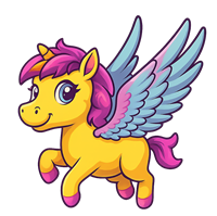 En sød, gul enhjørning med lyserød mane og blå vinger, der flyver.