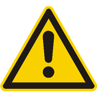 Et gult advarselsskilt med et sort udråbstegn, der indikerer forsigtighed.