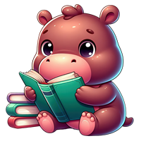 Et nuttet, brunt dyr sidder og læser en bog med bøger i baggrunden.