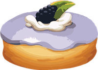 En farverig kage med blåbærglasur, flødeskum og en bær på toppen.