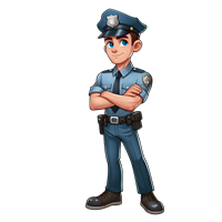 En tegnet ung mand i politiform, stående med armene krydset og et venligt smil.