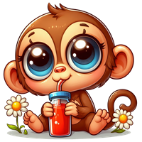 En nuttet abe sidder med store øjne og drikker juice fra en flaske, omgivet af blomster.