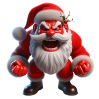 En muskuløs og vred julemand med rød dragt og hvidt skæg, der ser truende ud.