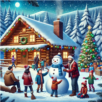 En hyggelig vinterscene med en hytte, en snemand og glade børn, der fejrer julen.