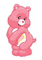 En sød, lyserød bjørn med et hjerte på maven, der står med et smil.