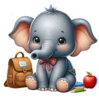 En nuttet elefantunge sidder med en rygsæk, bøger og et æble, klar til skole.
