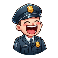 En glad, tegnet politibetjent med uniform og en stor smil.
