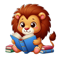 En sød, tegneserieagtig løve sidder og læser en bog med bøger omkring sig.