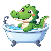 En sød, grøn krokodille, der smilende sidder i et badekar fyldt med skum.