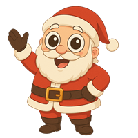 En glad, tegneserieagtig Julemand med stort smil, iført sin klassiske røde dragt.