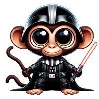 En charmerende tegning af en abe klædt som Darth Vader med lyssværd.