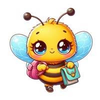 En nuttet, animeret bi med rygsæk og skoletaske, klar til at lære.