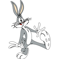 En karakteristisk grå kanin med lange ører, der står i en sjov positur.