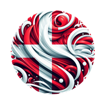 Et farverigt og dynamisk design af det danske flag med bølgende elementer.