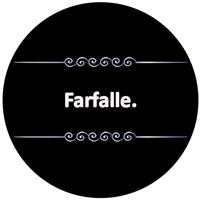 Billedet viser teksten Farfalle på en sort baggrund med dekorative elementer.