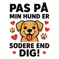 Et sjovt skilt med en glad hund og tekst, der advarer om hundens sødhed.