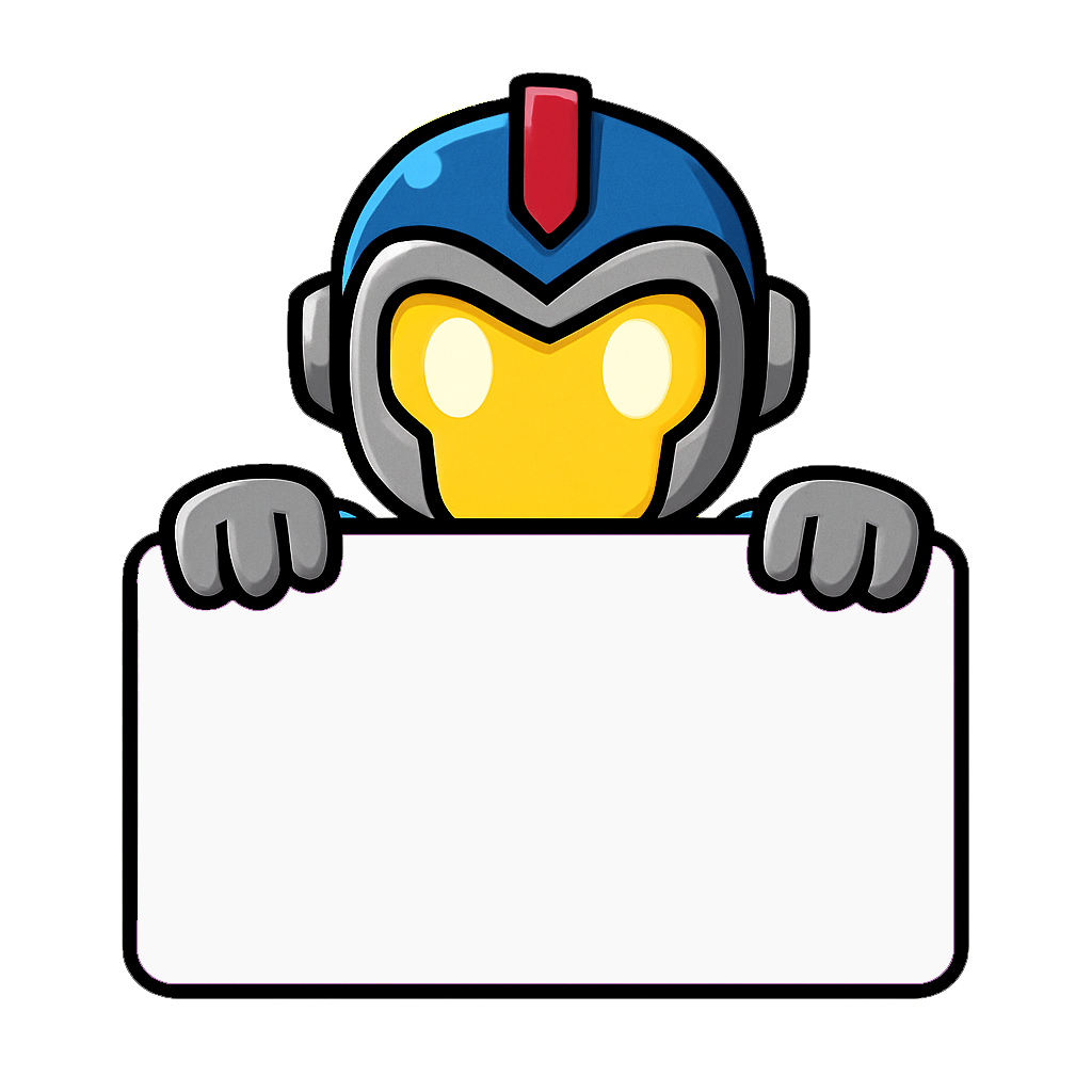 En farverig robot med hjelm, der holder et tomt skilt.