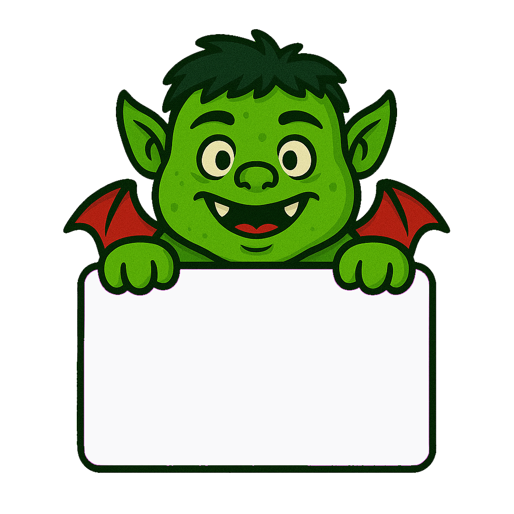 Et farverigt, tegnet monster med grøn hud og røde vinger, der holder en tom skilt.