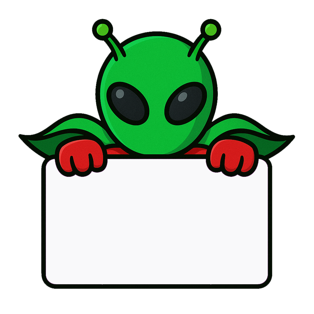 En farverig, tegneserieagtig alien med grøn hud og røde hænder, der holder et tomt skilt.