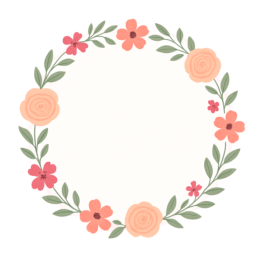 En smuk blomsterkrans med lyserøde og orange blomster samt grønne blade på en lys baggrund.