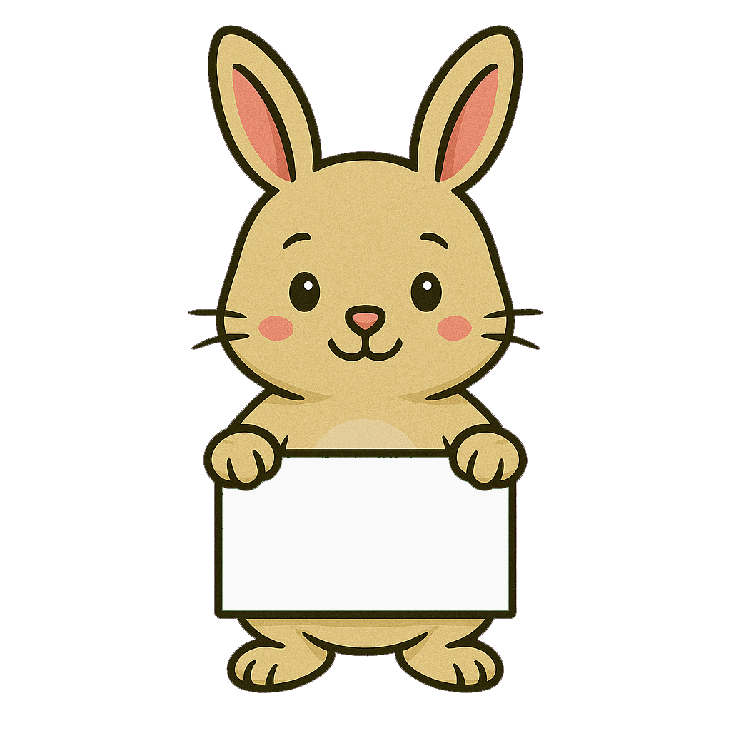En tegneserieagtig kanin holder et tomt skilt og ser venlig ud.