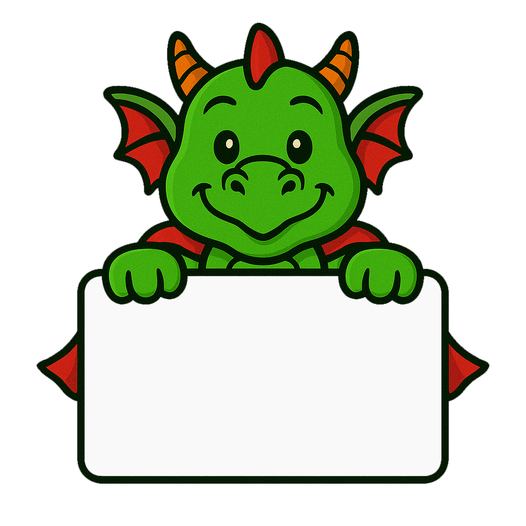 En sød, grøn drage med røde vinger og horn holder et tomt skilt.