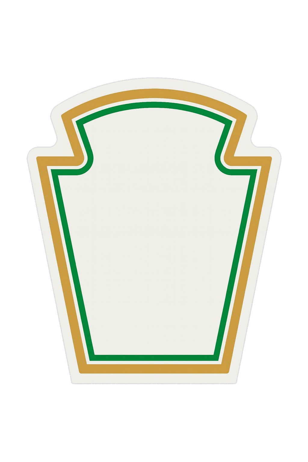 Et skilt med en hvid baggrund og grønne samt gyldne kanter, designet i en unik form.