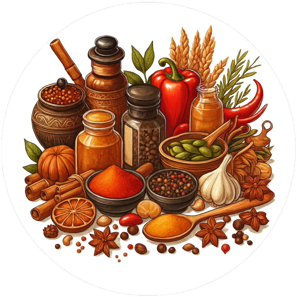 Billedet viser en varieret samling af krydderier, grøntsager og ingredienser, der er arrangeret kunstnerisk.