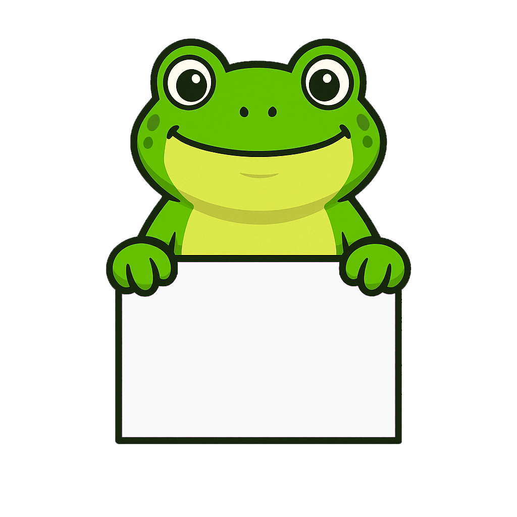 En farverig, glad frø holder et tomt skilt, klar til at blive udfyldt.