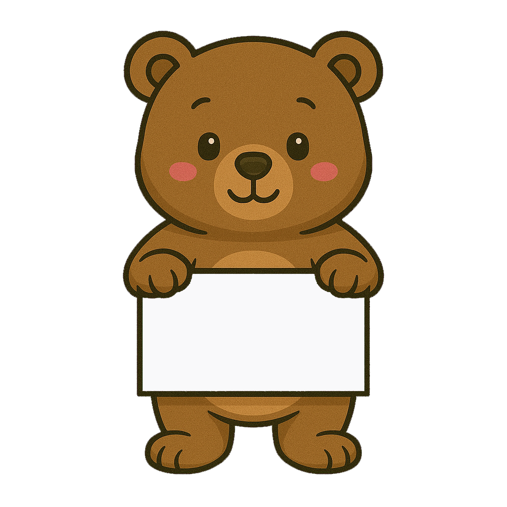 En sød, tegneserieagtig bjørn holder et tomt skilt og smiler.