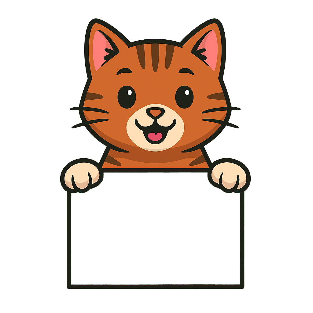 En tegnet kat med orange pels, der holder et tomt skilt og smiler.