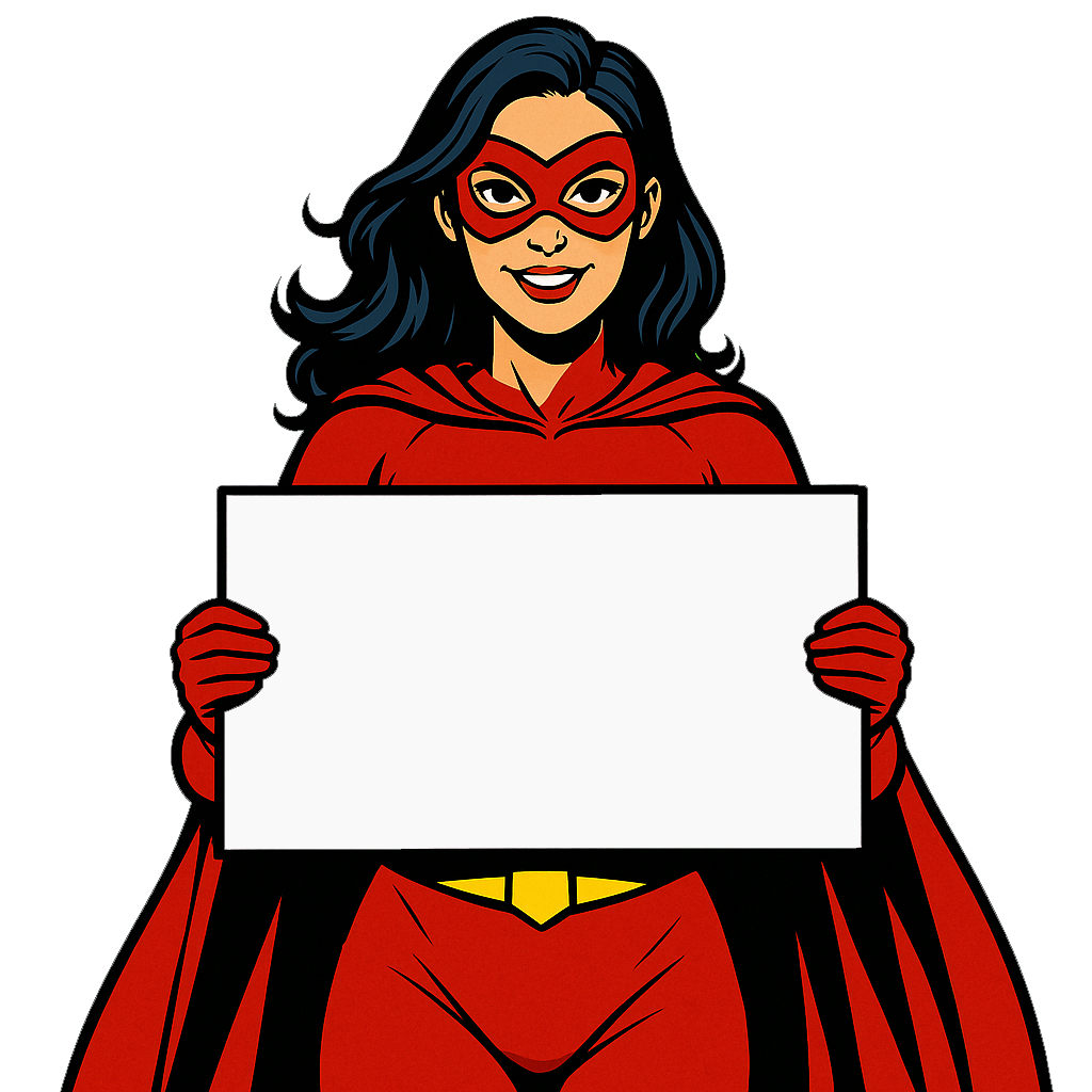 En superheltinde iført en rød kappe og maske, der holder et tomt skilt.