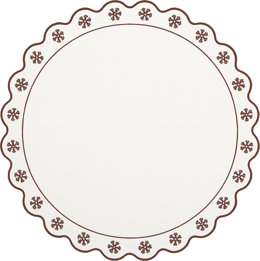 En cirkulær dekoration med en bølget kant og snefnugsmønster i brun farve.