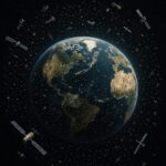 Billede af Jorden omgivet af rumaffald og satellitter i kredsløb.