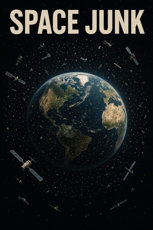 Billede af Jorden omgivet af rumaffald og satellitter i kredsløb.