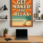 Plakat med teksten 'Get Naked and Relax' over et badekar og planter på en væg.